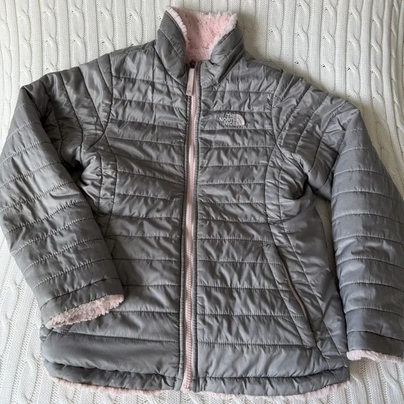 North Face Reversible Mossbud Swirl Puffer Coat Jacket Zip Gray Pink Girls L 14 - Picture 1 of 12